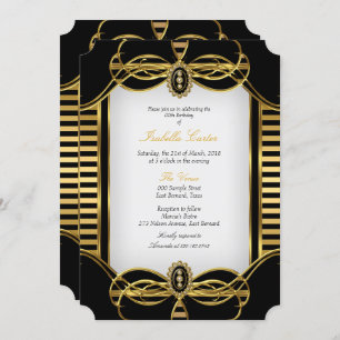 Art Deco Stripe Golden Black White Birthday Party Kaart