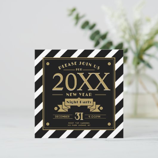 Art Deco Style Black en Uitnodiging voor nieuwjaar (Staand voorkant)