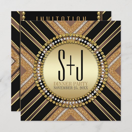 Art Deco Style Black Gold Dinner Party-uitnodiging Kaart (Voorkant / Achterkant)