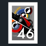Art Deco Style Buggatti Poster<br><div class="desc">(Ja,  ik weet dat Buggatti verkeerd gespeld is!!) Dit is een kunstdecostijl type 46 auto-poster met een Robert Delaunay-achtige achtergrond.Dit is een geweldig artikel voor alle eigenaars van deze unieke luxeauto's,  ontworpen en geïllustreerd door mijzelf.</div>