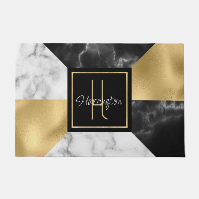 Art Deco Style Marble en Gold Monogramed Deurmat (Voorkant)