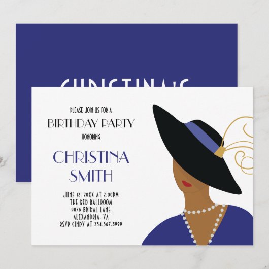 Art Deco Style Meisje in Zwart Pet Verjaardagsfees Kaart (Voorkant / Achterkant)