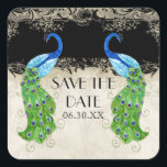 Art Deco Style Peacock Black Bewaar de datumverzeg Vierkante Sticker<br><div class="desc">KLEUR PALET: zwart, crème, tan, aqua blauw, koningsblauw, groen, paarse en gouden. DESIGN COLLECTIE: Deze zijn matching Save the Date Stickers of Seals voor passende enveloppen of te gebruiken op gunsten voor recepties en vrijgezellenfeesten. Dit kunstwerk is een mix van gloednieuwe waterverven van Audrey Jeanne Roberts en lagen van kunstelementen...</div>