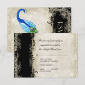 Art Deco Style Peacock Black n Cream  Lace RSVP Kaartje (Voorkant / Achterkant)