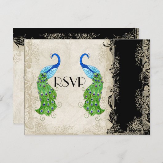 Art Deco Style Peacock Black n Cream  Lace Uitnodiging Briefkaart (Voorkant / Achterkant)