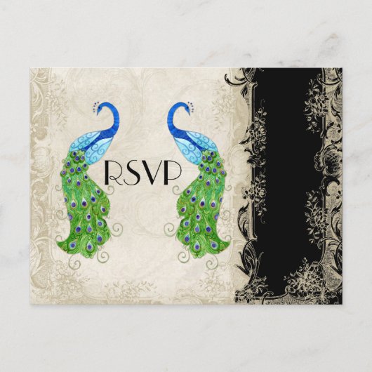 Art Deco Style Peacock Black n Cream  Lace Uitnodiging Briefkaart (Voorkant)