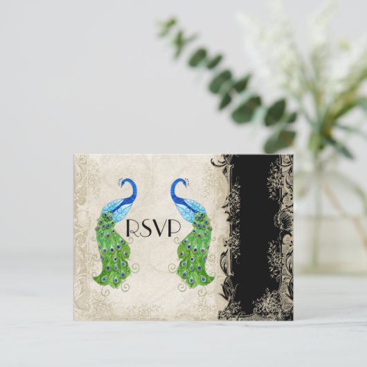 Art Deco Style Peacock Black n Cream  Lace Uitnodiging Briefkaart (Staand voorkant)