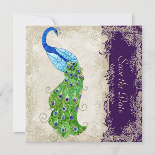 Art Deco Style Peacock  Lace Dark Paars Save The Date (Voorkant)