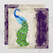 Art Deco Style Peacock  Lace Dark Paars Save The Date (Voorkant / Achterkant)