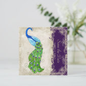 Art Deco Style Peacock  Lace Dark Paars Save The Date (Staand voorkant)