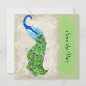Art Deco Style Peacock Lime Green  Lace Save The Date (Voorkant)
