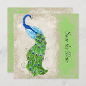 Art Deco Style Peacock Lime Green  Lace Save The Date (Voorkant / Achterkant)