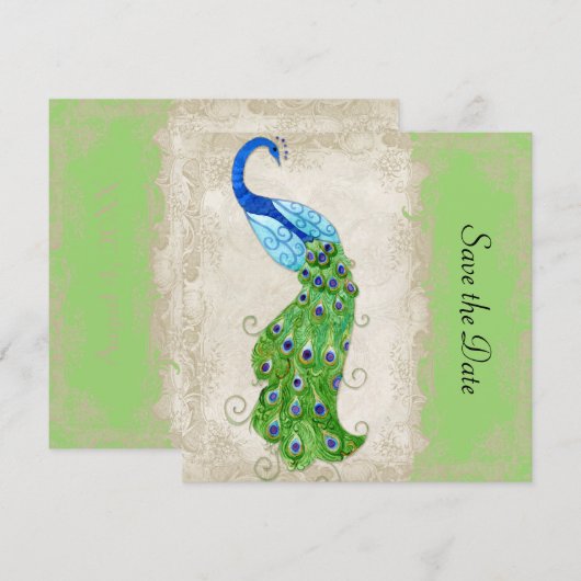 Art Deco Style Peacock Lime Green  Lace Save The Date (Voorkant / Achterkant)