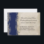 Art Deco Style Peacock Navy Blauw  kant Kaart<br><div class="desc">Dit is een bijpassende Receptie Uitnodigingskaart voor de Art Deco Style Peacock bruiloft uitnodiging suite met dezelfde naam. Elegant. Tijdloos. Mooi en stijlvol. Art Deco Peacock is een origineel waterverf kunstwerk handgeschilderd door Audrey Jeanne Roberts en gekoppeld aan  kanten designelementen en perkament. Copyright,  alle rechten voorbehouden.</div>