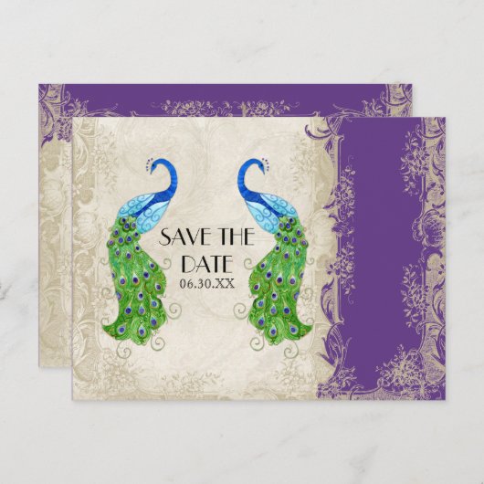 Art Deco Style Peacock Paars in Cream  Lace Aankondigingskaart (Voorkant / Achterkant)