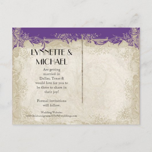 Art Deco Style Peacock Paars in Cream  Lace Aankondigingskaart (Achterkant)