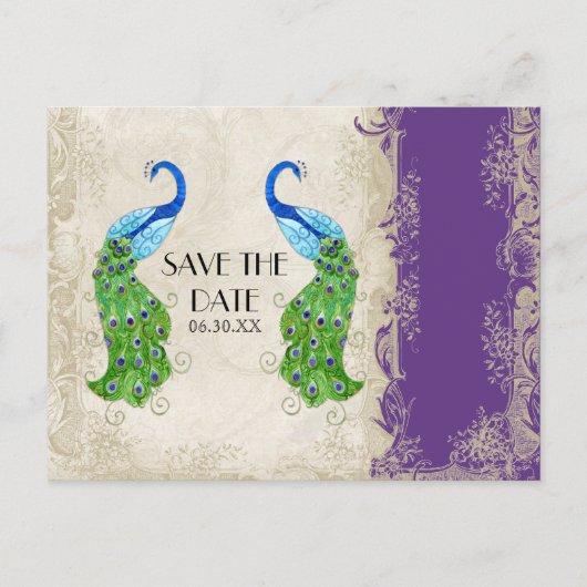 Art Deco Style Peacock Paars in Cream  Lace Aankondigingskaart (Voorkant)