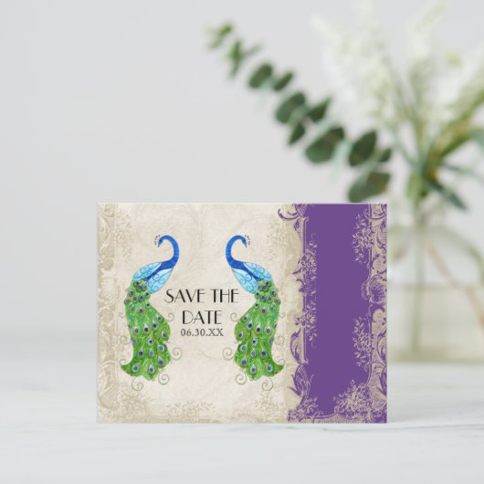 Art Deco Style Peacock Paars in Cream  Lace Aankondigingskaart (Staand voorkant)