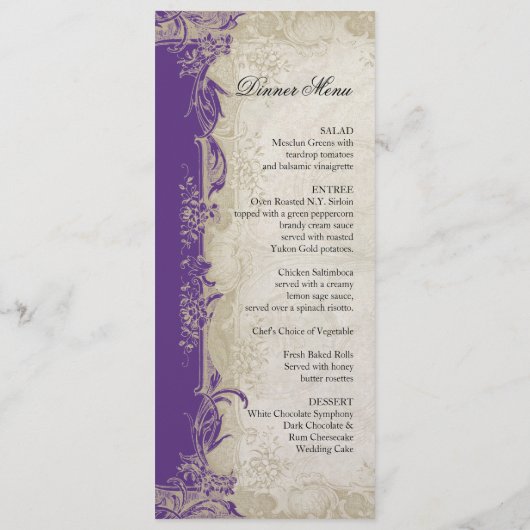 Art Deco Style Peacock Paars in Cream  Lace Menu (Achterkant)