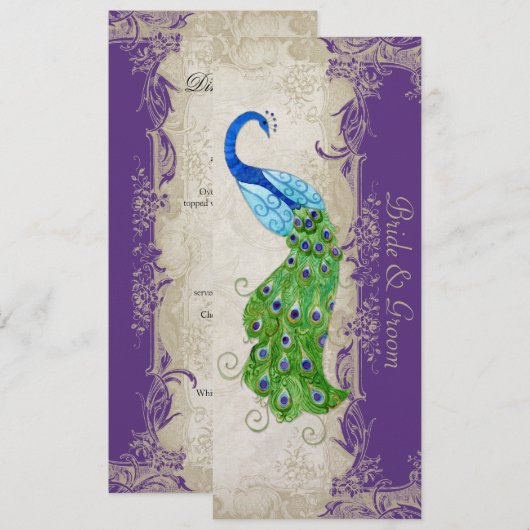 Art Deco Style Peacock Paars in Cream  Lace Menu (Voorkant / Achterkant)