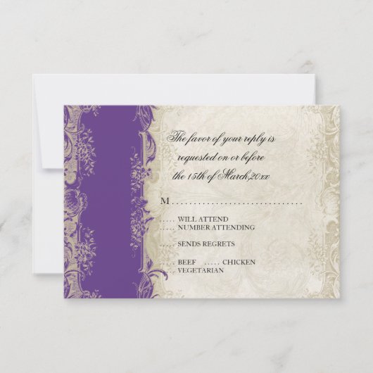 Art Deco Style Peacock Paars in Cream Lace RSVP Kaartje (Voorkant)