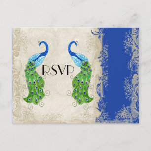 Art Deco Style Peacock Royal Blue  Lace Uitnodiging Briefkaart