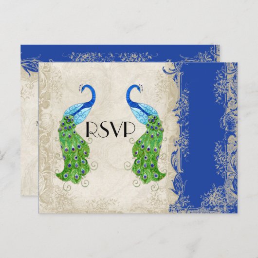 Art Deco Style Peacock Royal Blue  Lace Uitnodiging Briefkaart (Voorkant / Achterkant)