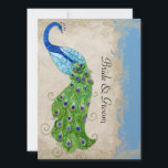 Art Deco Style Peacock Sky Blue  Kaart<br><div class="desc">KLEUR PALET: hemelsblauw, crème, tan, aqua blauw, koningsblauw, groen, paarse en gouden. DESIGN COLLECTIE: Dit kunstwerk is een mix van gloednieuwe waterverven van Audrey Jeanne Roberts en lagen van kunstelementen, waaronder: Gesneden geëtste ornamenten decoratieve etsen met wervelingen, bloemenelementen, bloemen, bladeren en barokbloeien. Nieuwe kunst omvat de prachtige pauw met lange...</div>