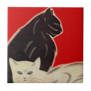 Art Deco Style Red Black White Cats Tile Tegeltje