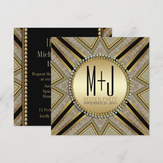 Art Deco Style Taupe Gold Dinner Party-uitnodiging Kaart (Voorkant / Achterkant)