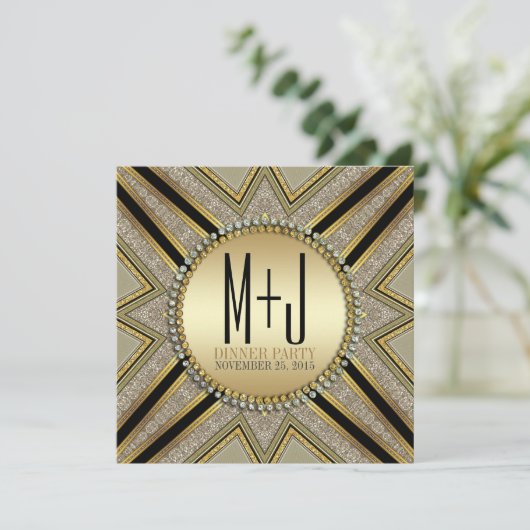 Art Deco Style Taupe Gold Dinner Party-uitnodiging Kaart (Staand voorkant)