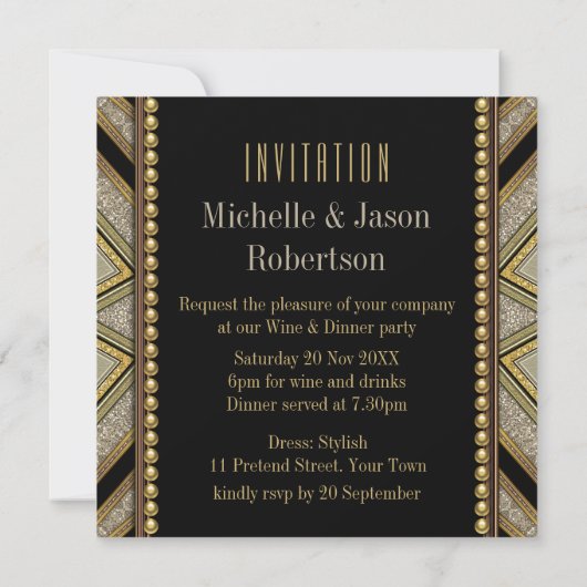 Art Deco Style Taupe Gold Dinner Party-uitnodiging Kaart (Achterkant)