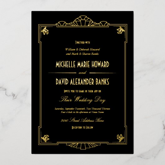 Art Deco Style Wedding Gold Folie Uitnodiging (Voorkant)