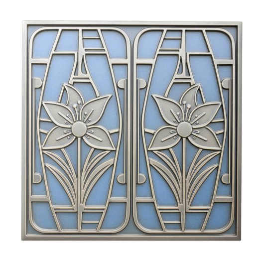 Art Deco Stylized Lily Floral #10 Blue ID1196 Tegeltje (Voorkant)