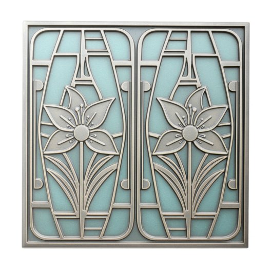 Art Deco Stylized Lily Floral #10 Teal ID1196 Tegeltje (Voorkant)
