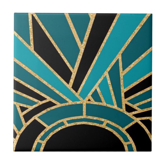 Art Deco Sunburst (blauw) keramische keramiek Tegeltje (Voorkant)