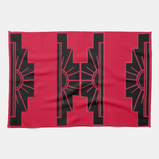 Art Deco Sunburst Patroon in rood en zwart Theedoek (Horizontaal)