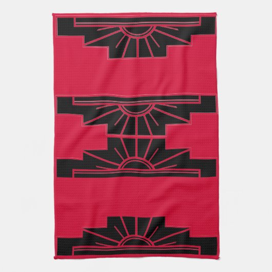 Art Deco Sunburst Patroon in rood en zwart Theedoek (Verticaal)
