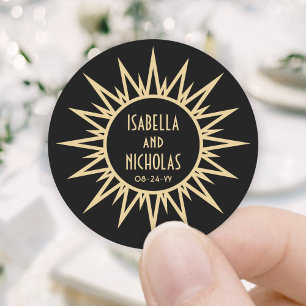  Art Deco Sunburst Zwart en Gouden Bruiloft Ronde Sticker