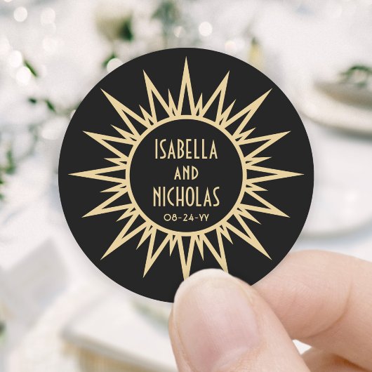 Art Deco Sunburst Zwart en Gouden Bruiloft Ronde Sticker