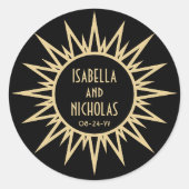 Art Deco Sunburst Zwart en Gouden Bruiloft Ronde Sticker (Voorkant)