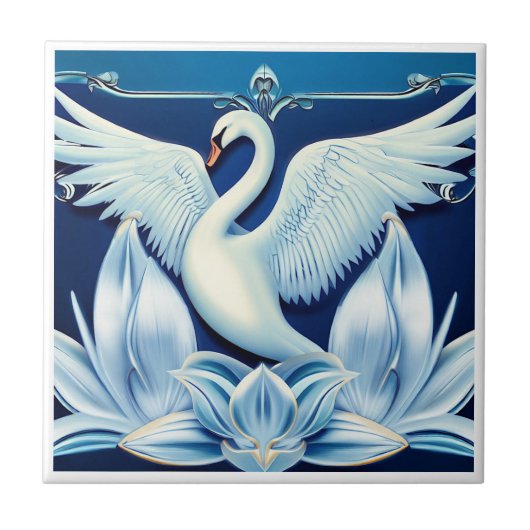 Art Deco Swan en Lilies Tegeltje (Voorkant)