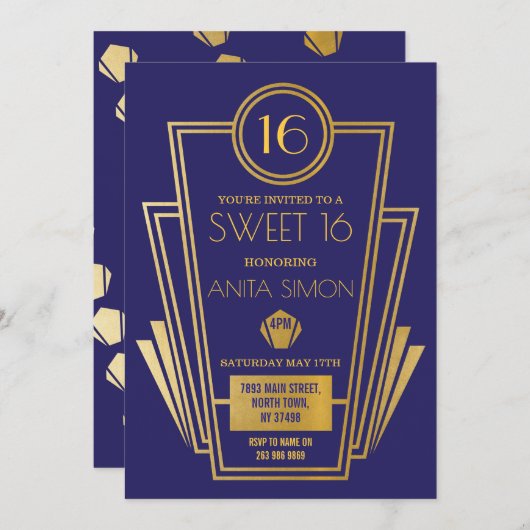 Art Deco Sweet 16 Birthday Party 1920s Gatsby Gold Kaart (Voorkant / Achterkant)