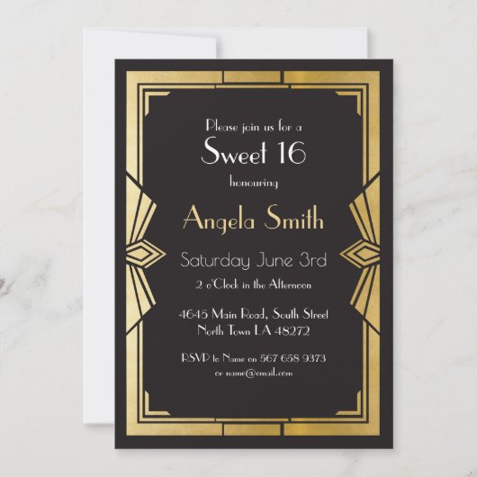 Art Deco Sweet 16 Party Gatsby Black Invite 1920 Kaart (Voorkant)
