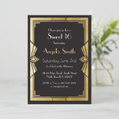 Art Deco Sweet 16 Party Gatsby Black Invite 1920 Kaart (Staand voorkant)