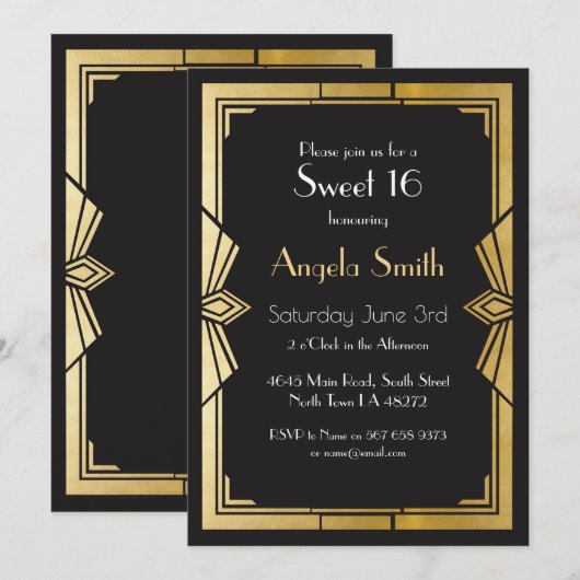 Art Deco Sweet 16 Party Gatsby Black Invite 1920 Kaart (Voorkant / Achterkant)