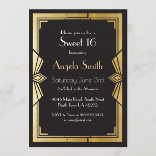 Art Deco Sweet 16 Party Gatsby Black Invite 1920 Kaart