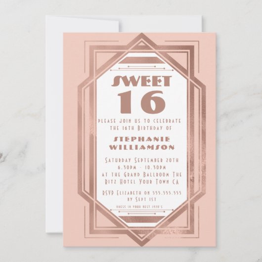 Art Deco Sweet 16 Roos Gold en Blush Pink Gatsby Kaart (Voorkant)