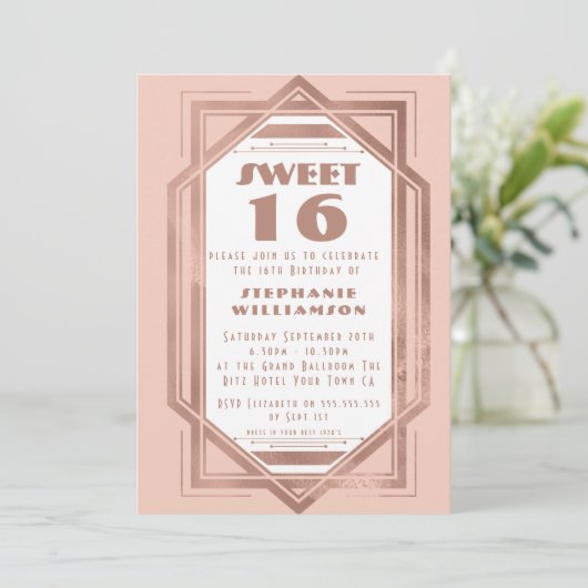 Art Deco Sweet 16 Roos Gold en Blush Pink Gatsby Kaart (Staand voorkant)