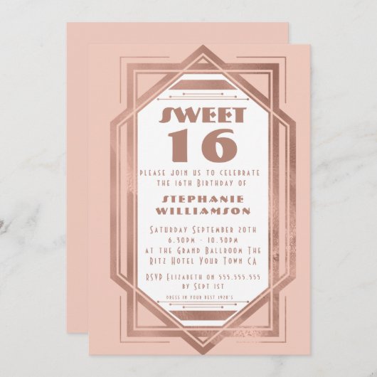 Art Deco Sweet 16 Roos Gold en Blush Pink Gatsby Kaart (Voorkant / Achterkant)